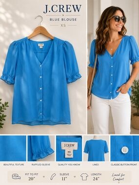 J.Crew Coastal Blue Chiffon Lined Button Front Blouse Ruffle Sleeve Women XS